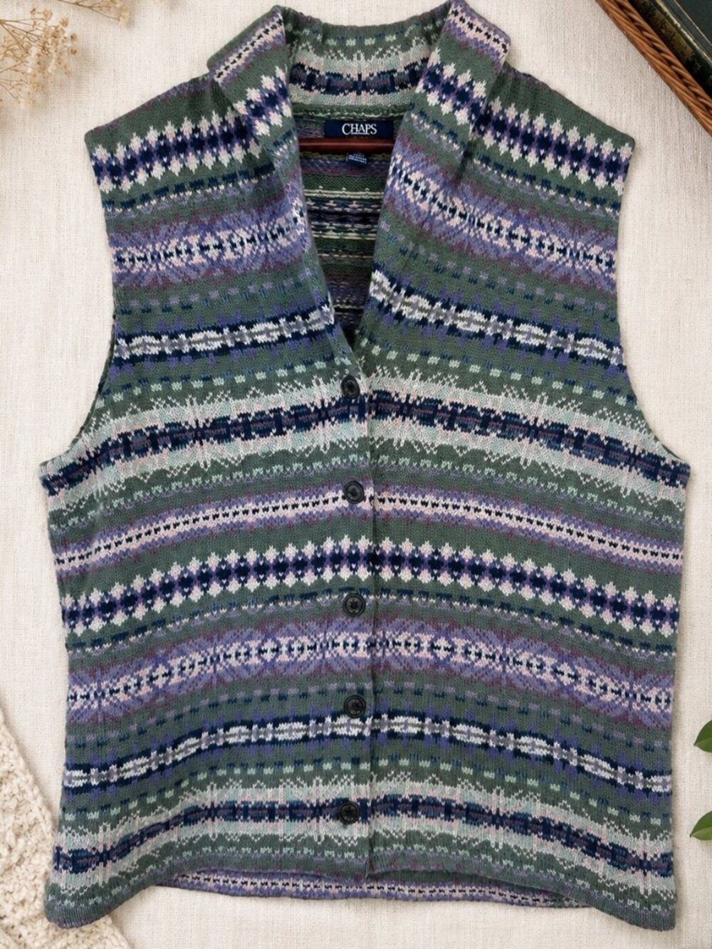 Chaps Fair Isle Sweater Vest Womens Button Front Knit Cottage Size M